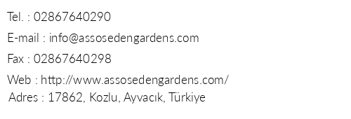 Assos Eden Gardens Hotel telefon numaralar, faks, e-mail, posta adresi ve iletiim bilgileri